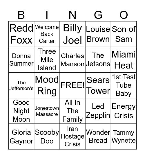 70's Bingo Bash Bingo Card