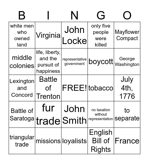 American Revolution Bingo Card