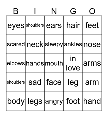 Review faces and body parts Bingo Card