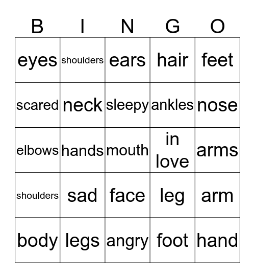 Review faces and body parts Bingo Card