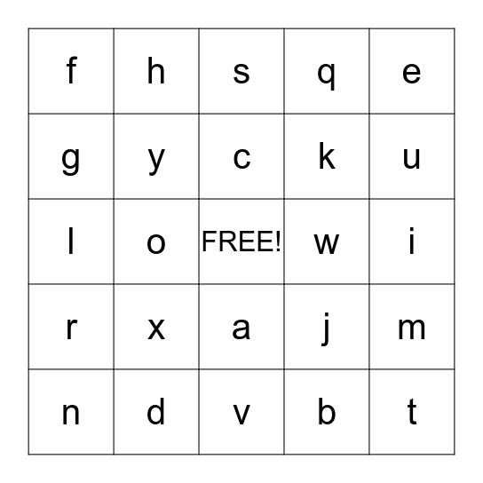 Lowercase Letters Bingo Card