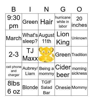 Mommy-To-Be Bingo Card