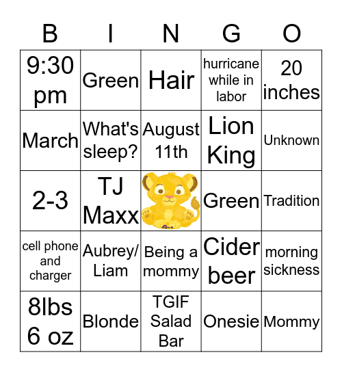 Mommy-To-Be Bingo Card
