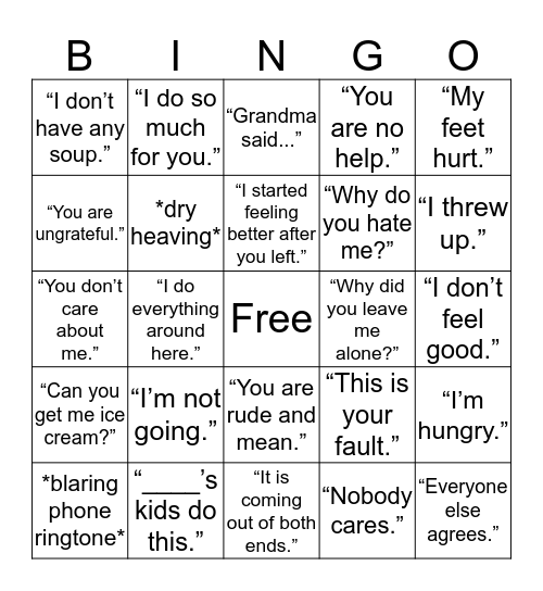 What Will Mom Say Bingo Card