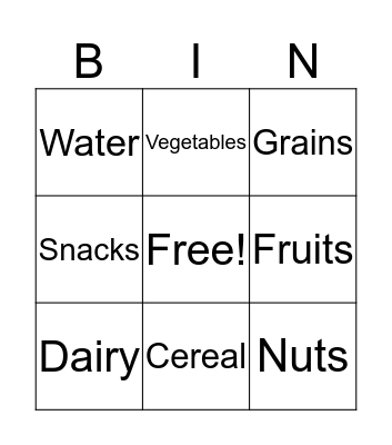 Nutritional Bingo  Bingo Card