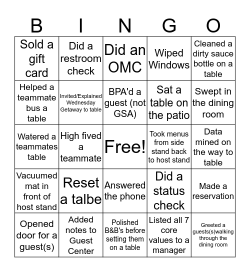 Host Bingo Card