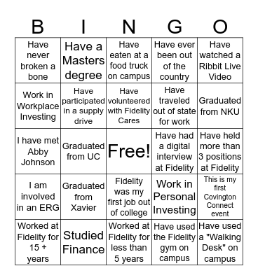 Fidelity Bingo Card