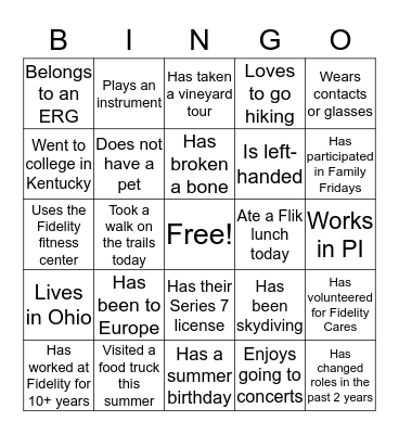 Fidelity Bingo Card