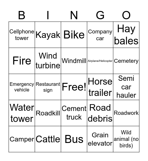 Car BINGO Card