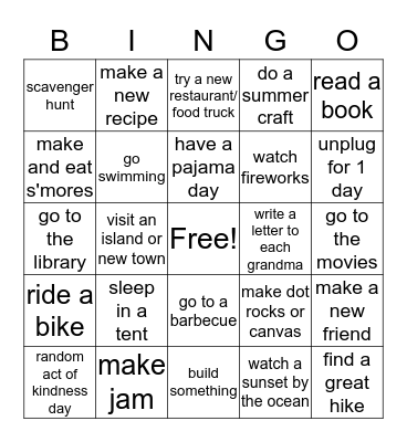 Summer Bucket List Bingo Card