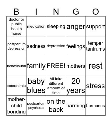 Postpartum Depression  Bingo Card