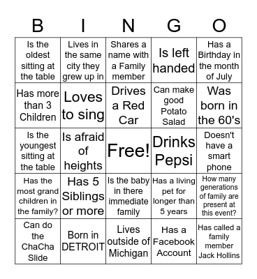 Townsend "Shack" Family Reunion Bingo Card