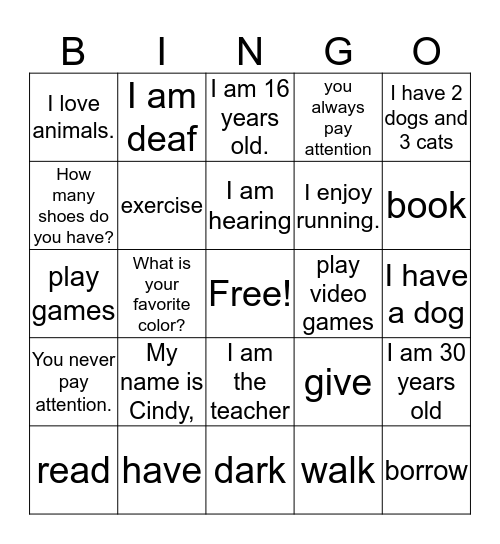 Unit 2 phrases Bingo Card
