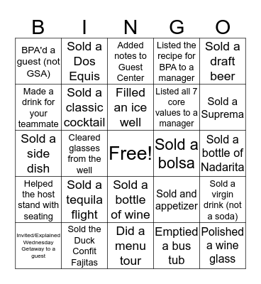 Bar Bingo Card