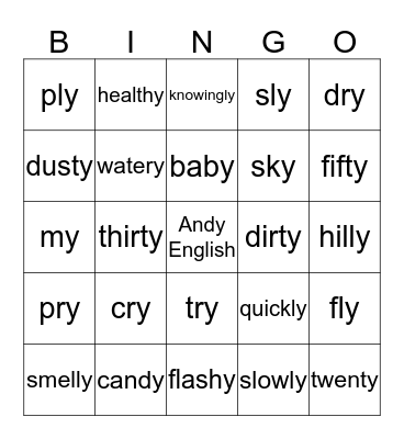 Final Vowel Y Bingo Card