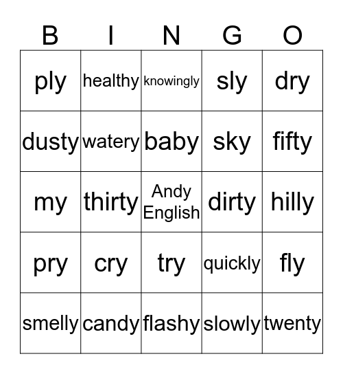 Final Vowel Y Bingo Card