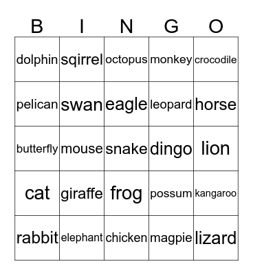 animal bingo Card