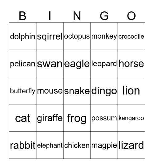 animal bingo Card