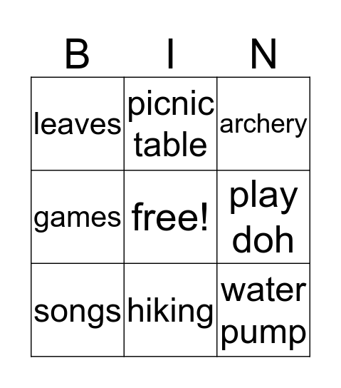 Girl Scout Day Camp Bingo Card