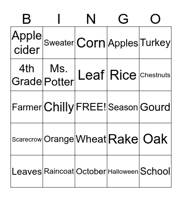 Mrs Biren's Fall Party Bingo Card