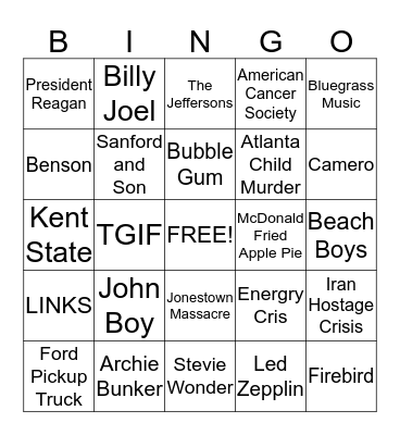 70's BINGO BASH Bingo Card