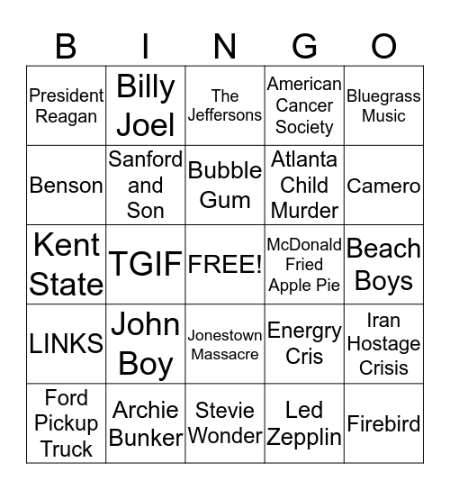 70's BINGO BASH Bingo Card