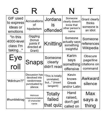 Lit Hum Bingo Card