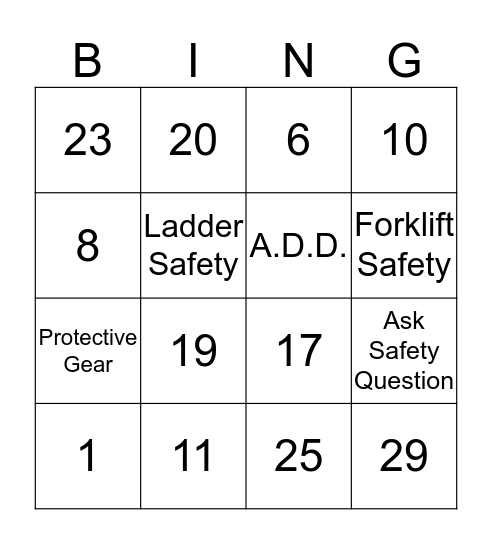 SAFE Bingo Card