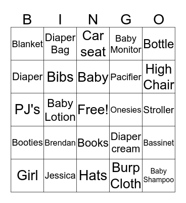 Jessica and Brendan Baby Shower Bingo Card