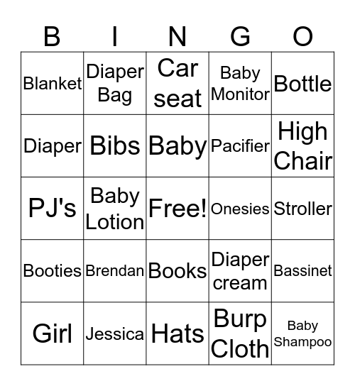 Jessica and Brendan Baby Shower Bingo Card