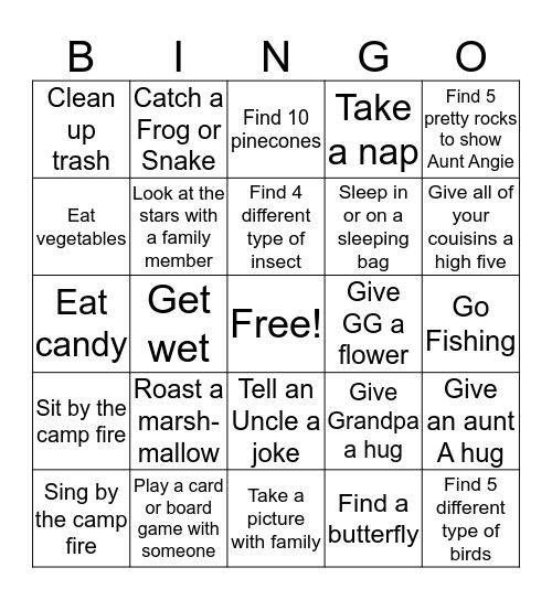 Caming Bingo Card