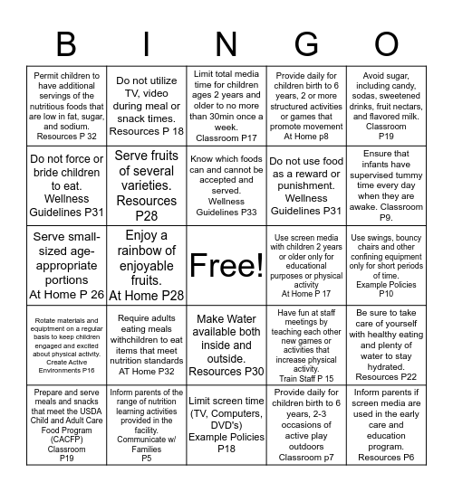 Wellness Guidelines  Bingo Card