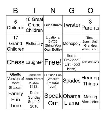 Family Game Night Bingo Card