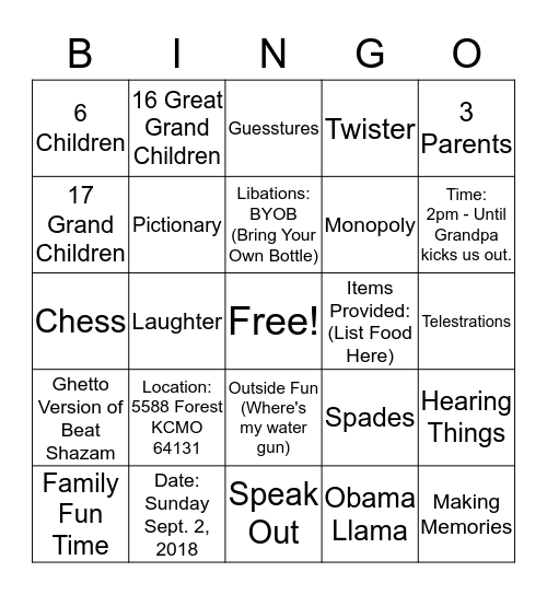 Family Game Night Bingo Card