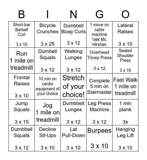 Weight Room Bingo Card