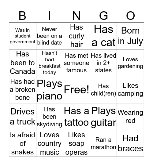 Getting to Know US Bingo Card