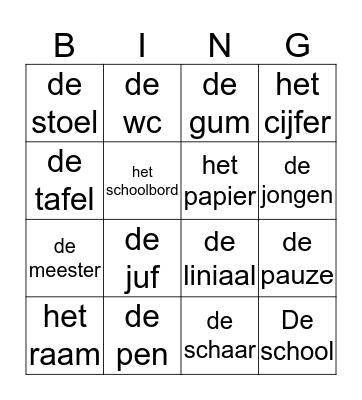 Schoolwoorden Bingo Card