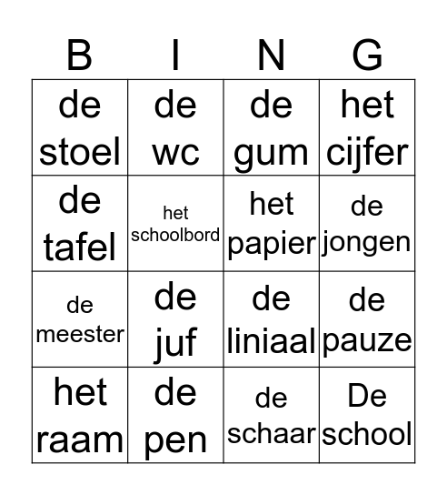 Schoolwoorden Bingo Card
