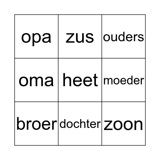 Familie Bingo Card