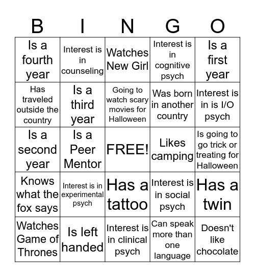 Get to Kow You Bingo Card
