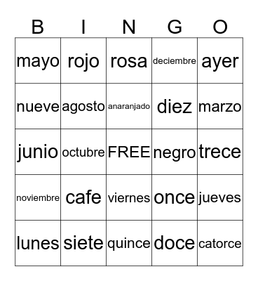 Spanish Class Bingo Card
