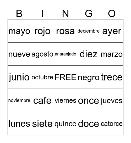 Spanish Class Bingo Card