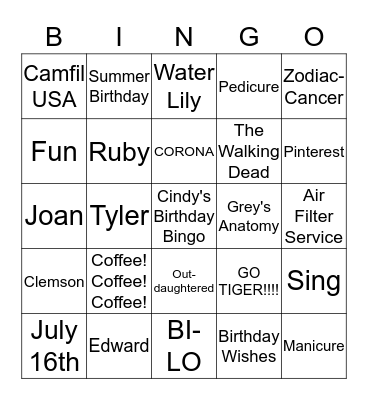 Cindy's Birthday Bingo Card