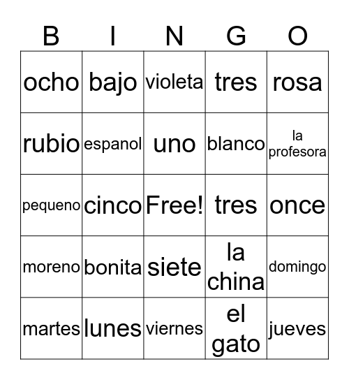 Spanish Bingo Card