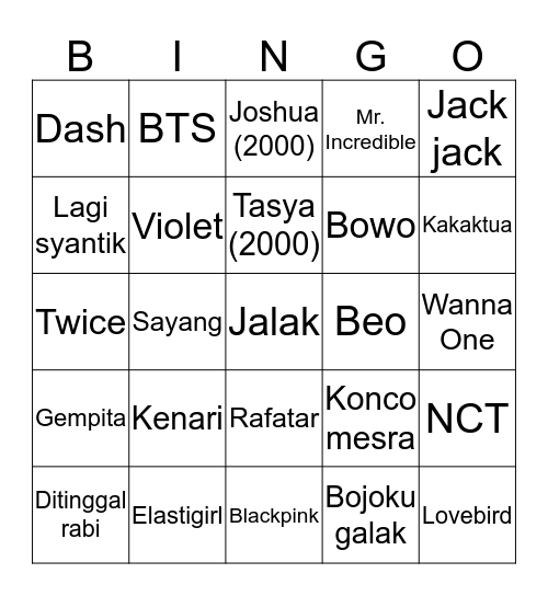 PUNYA JAMIE CANTIK  Bingo Card