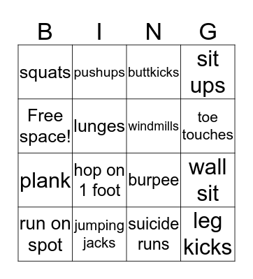 fitness bingo Card