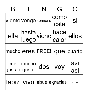 SPANISH 1 Bingo Card