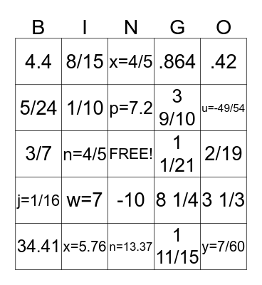 Fraction Fun Bingo Card