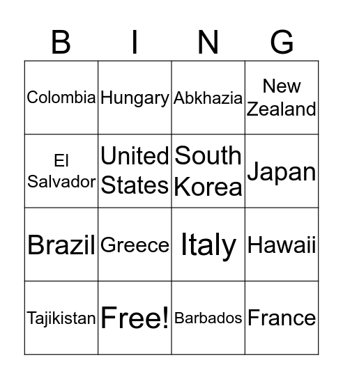 Countries Bingo Card