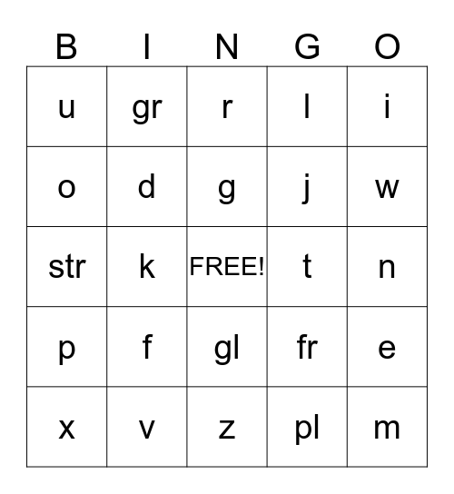 Letters and Blends Bingo Card